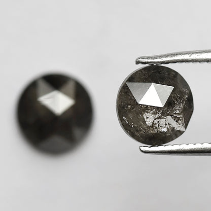 2.28 CT Round Rose Cut Salt and Pepper Diamond Pair, 7.00 x 7.00 mm Natural Gray Black Diamonds for Earrings