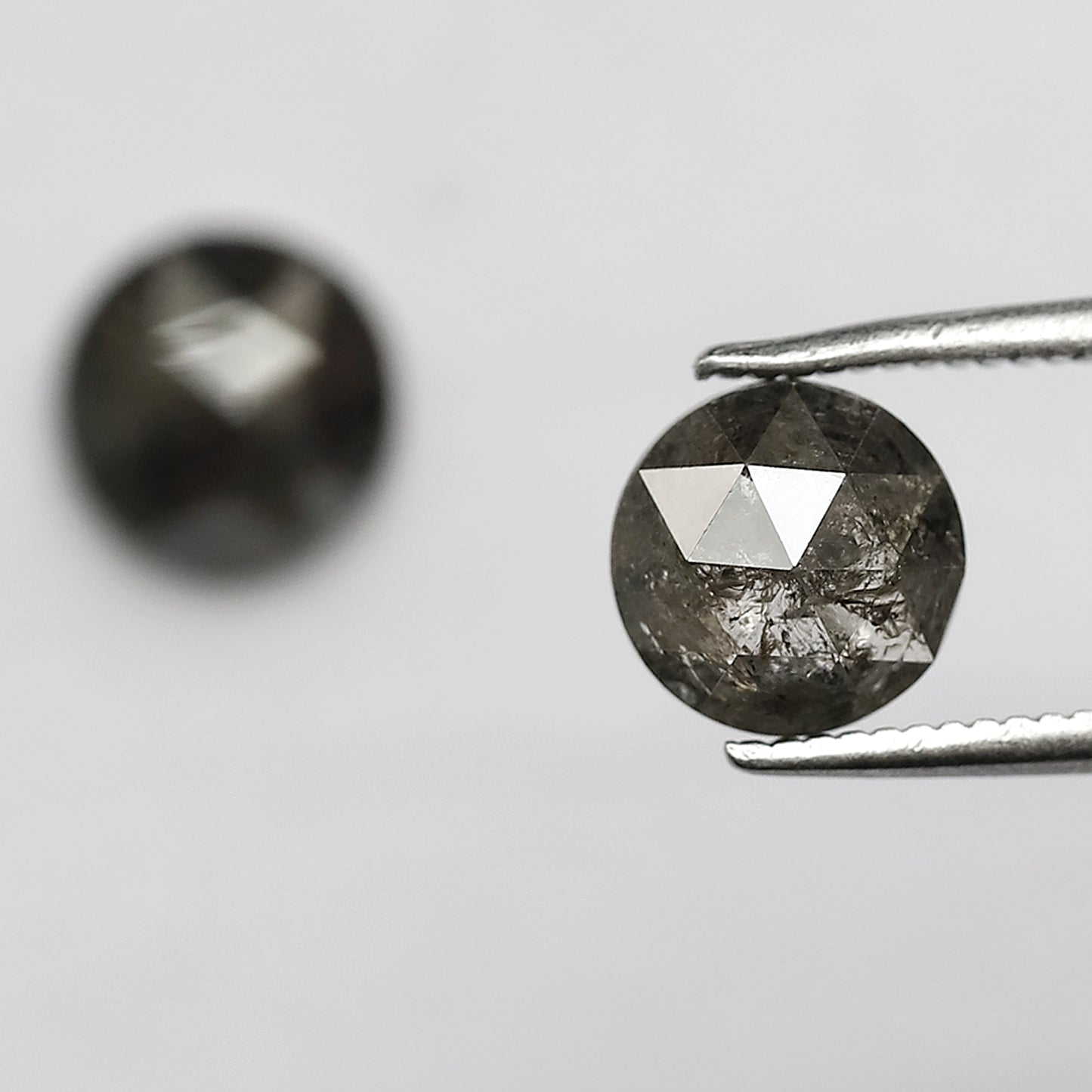 2.28 CT Round Rose Cut Salt and Pepper Diamond Pair, 7.00 x 7.00 mm Natural Gray Black Diamonds for Earrings