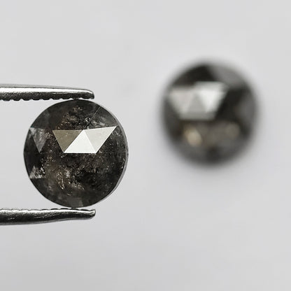 2.28 CT Round Rose Cut Salt and Pepper Diamond Pair, 7.00 x 7.00 mm Natural Gray Black Diamonds for Earrings