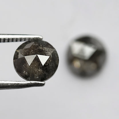 2.28 CT Round Rose Cut Salt and Pepper Diamond Pair, 7.00 x 7.00 mm Natural Gray Black Diamonds for Earrings