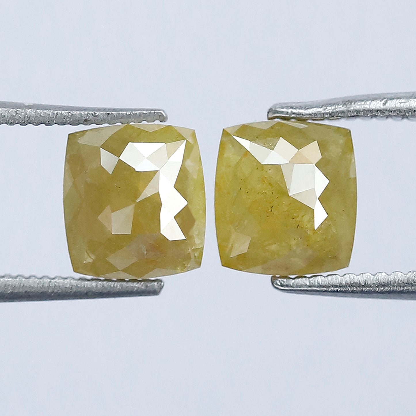 1.71 CT Cushion Cut Rustic Loose Diamond Pair – 6.10 mm Earth Mined Natural Greenish Yellow Diamonds