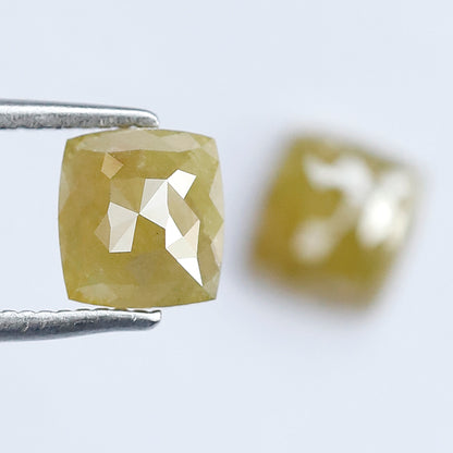 1.71 CT Cushion Cut Rustic Loose Diamond Pair – 6.10 mm Earth Mined Natural Greenish Yellow Diamonds
