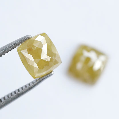 1.71 CT Cushion Cut Rustic Loose Diamond Pair – 6.10 mm Earth Mined Natural Greenish Yellow Diamonds