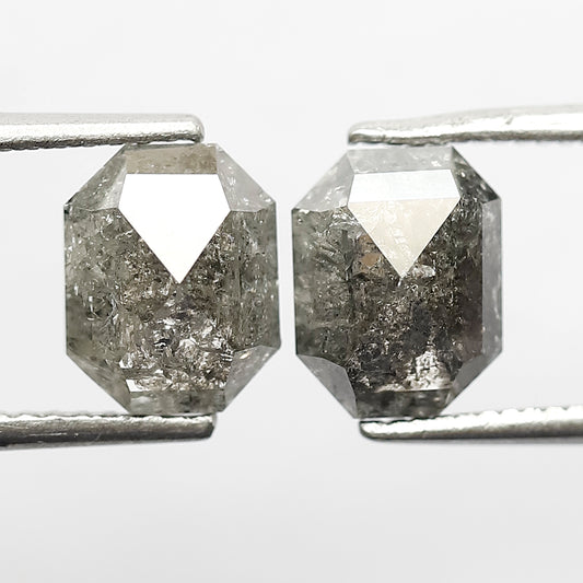 2.41 CT Emerald Cut Salt and Pepper Diamond Pair, Natural Gray Black 7.80 mm Earth Mined Diamonds for Earrings