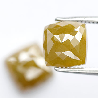 3.78 CT Matching Cushion Shape Rustic Diamond Pair, 7.20 mm Natural Yellowish Green Earth Mined Diamonds, Loose Bridal Jewelry Stones