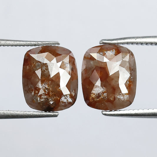 Natural Cushion Cut Rustic Loose Diamond Pair 3.09 Carat, Reddish Earth Mined Diamonds for Earrings & Jewelry Making