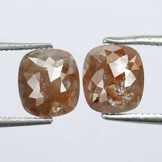 1.85 Carat Cushion Shape Rustic Diamond Pair, 6.9 mm Reddish Natural Diamonds for Engagement Ring & Earrings