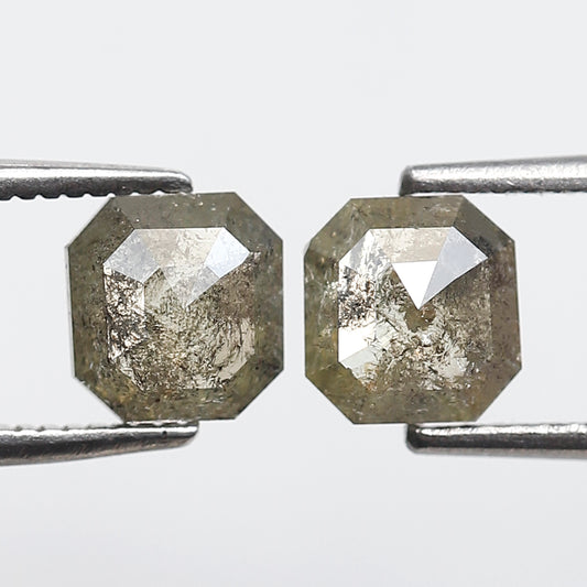 1.63 Ct Pair Of Asscher Shape Salt and Pepper Diamond 6 MM Translucent Green Yellow Natural Loose Diamond