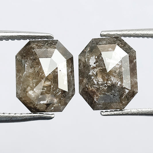 2.17 Ct Matching Emerald Shape Rustic Diamonds | 7.7 mm Gray Black Loose Diamond Pair for Earrings & Rings