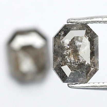 2.17 Ct Matching Emerald Shape Rustic Diamonds | 7.7 mm Gray Black Loose Diamond Pair for Earrings & Rings