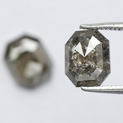 2.17 Ct Matching Emerald Shape Rustic Diamonds | 7.7 mm Gray Black Loose Diamond Pair for Earrings & Rings