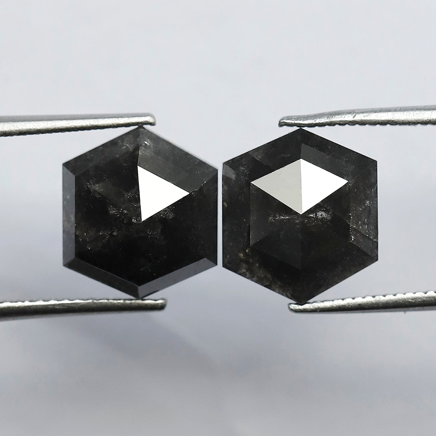 7.24 CT Pair of Hexagon Shape Half Cut Polished Natural Dark Black Grey Salt and Pepper Diamond Perfect for Making Stud Earrings