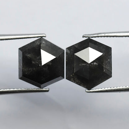 7.24 CT Pair of Hexagon Shape Half Cut Polished Natural Dark Black Grey Salt and Pepper Diamond Perfect for Making Stud Earrings