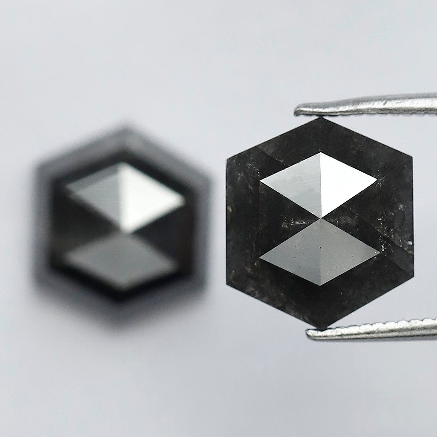 7.24 CT Pair of Hexagon Shape Half Cut Polished Natural Dark Black Grey Salt and Pepper Diamond Perfect for Making Stud Earrings