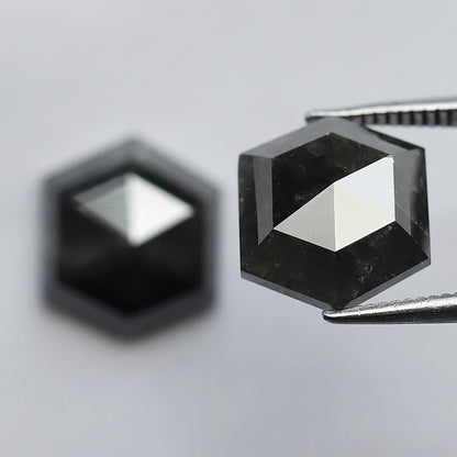 7.24 CT Pair of Hexagon Shape Half Cut Polished Natural Dark Black Grey Salt and Pepper Diamond Perfect for Making Stud Earrings