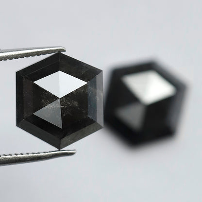 7.24 CT Pair of Hexagon Shape Half Cut Polished Natural Dark Black Grey Salt and Pepper Diamond Perfect for Making Stud Earrings