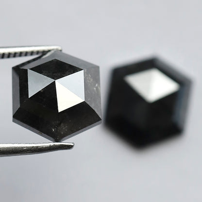 7.24 CT Pair of Hexagon Shape Half Cut Polished Natural Dark Black Grey Salt and Pepper Diamond Perfect for Making Stud Earrings