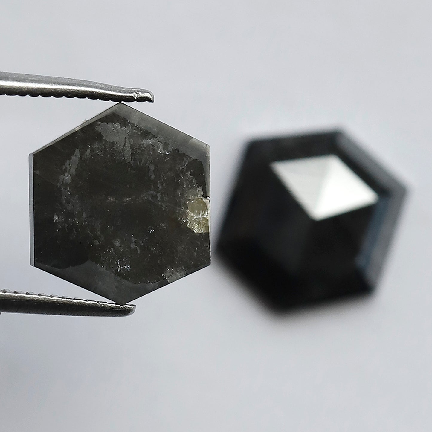 7.24 CT Pair of Hexagon Shape Half Cut Polished Natural Dark Black Grey Salt and Pepper Diamond Perfect for Making Stud Earrings