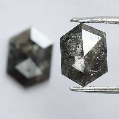 2.90 CT Stunning Pair of Elongated Hexagon Shape Polished Grey Black Natural Salt and Pepper Diamond Made for Body Piercing Jewelry