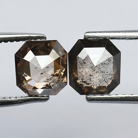 Rustic Asscher Cut Diamond Pair 1.72 Carat, 5.9 MM Natural Brown Fancy Stones for Unique Jewelry