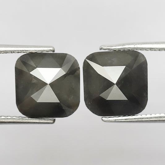 5.68 CT Twin Pair Of Natural Grey Black Square cushion  Shape Loose Salt and Pepper Diamond Ideal For Making Stud Bride Earrings