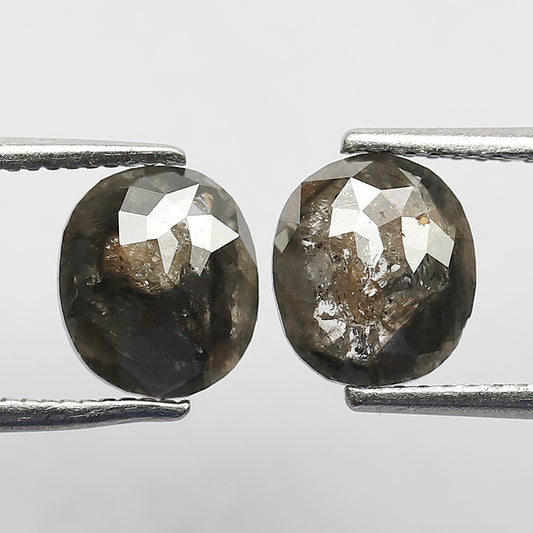 2.23 CT Pair Salt and Pepper Diamond, 7 MM Oval Shape Grey Black Diamonds