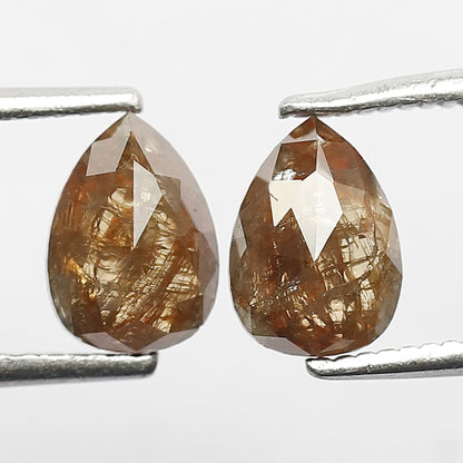 Matching Pair 1.53 Carat Pear Cut Rustic Loose Diamonds, Natural Red Brown for Jewelry Making