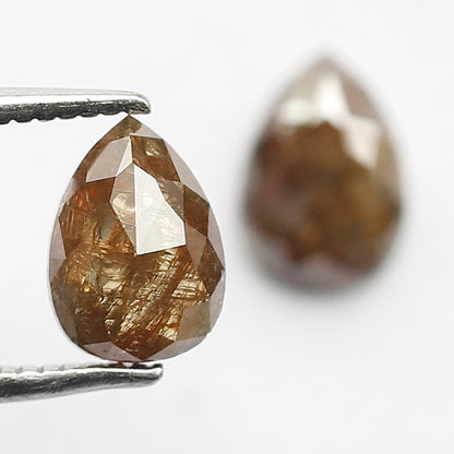 Matching Pair 1.53 Carat Pear Cut Rustic Loose Diamonds, Natural Red Brown for Jewelry Making