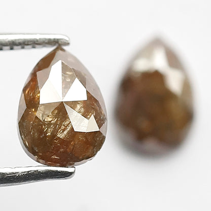 Matching Pair 1.53 Carat Pear Cut Rustic Loose Diamonds, Natural Red Brown for Jewelry Making