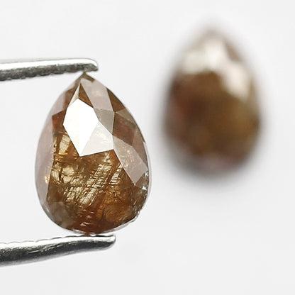 Matching Pair 1.53 Carat Pear Cut Rustic Loose Diamonds, Natural Red Brown for Jewelry Making