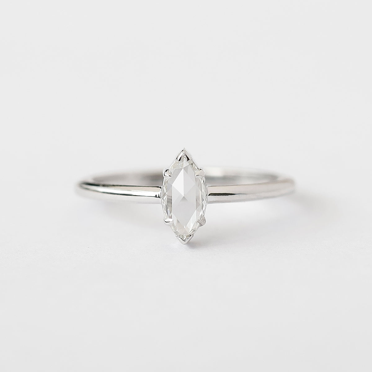 Marquise Rose Cut Diamond Solitaire Ring in 14K White Gold, 0.20 Ct Natural Diamond Ring
