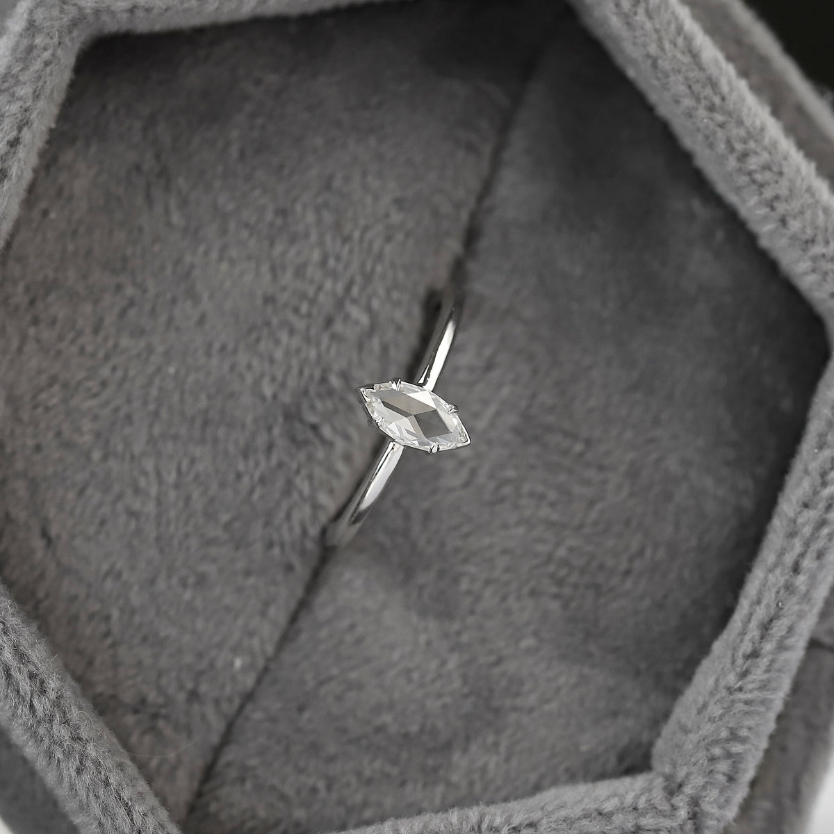 Marquise Rose Cut Diamond Solitaire Ring in 14K White Gold, 0.20 Ct Natural Diamond Ring