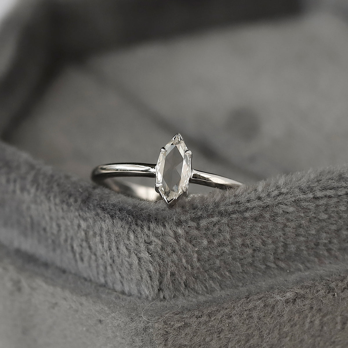 Marquise Rose Cut Diamond Solitaire Ring in 14K White Gold, 0.20 Ct Natural Diamond Ring